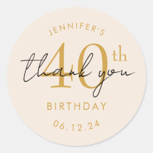 Elegant Gold "Thank You" 40th Birthday Champagne Classic Round Sticker