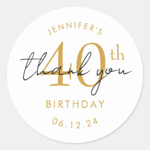 Elegant Gold "Thank You" 40th Birthday Party Classic Round Sticker