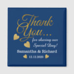 Elegant Gold Thank You Blue Wedding Favor  Magnet<br><div class="desc">Elegant and stylish wedding favor magnets with gold thank you typography and golden hearts.Personalize with bride and groom names and wedding date.</div>