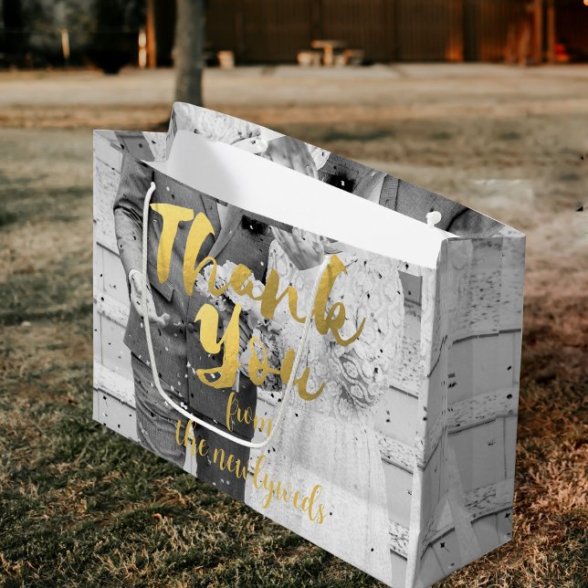 Elegant Gold Thank You Wedding Photo Gift Bag (Upload your photo and add your names to this elegant wedding gift bag.)