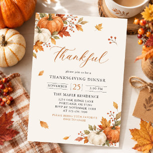 Elegant Gold Thankful Fall Thanksgiving Dinner Invitation
