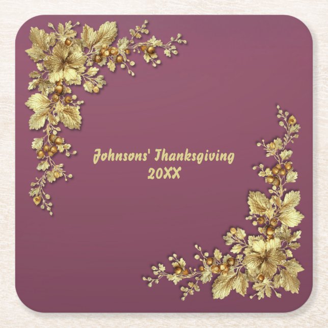 Elegant Gold Thanksgiving Square Paper Coaster (Front)