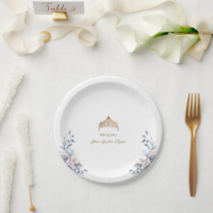 Elegant Gold Tiara Blue Floral Quinceañera Paper Plate