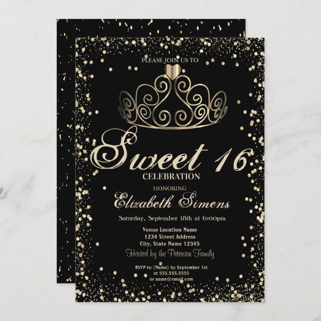 Elegant Gold Tiara Confetti Diamonds Sweet 16 Invitation (Front/Back)