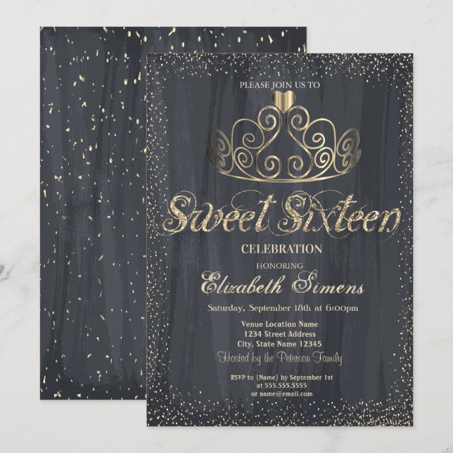 Elegant  Gold Tiara Confetti Princess  Sweet 16 Invitation (Front/Back)
