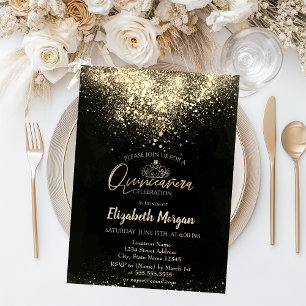 Elegant  Gold Tiara, Confetti Quinceañera Invitation