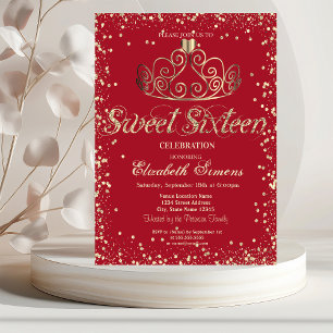 Elegant Gold Tiara Diamonds Confetti Red Sweet 16 Invitation
