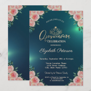 Elegant Gold Tiara Floral Roses Quinceañera Invitation