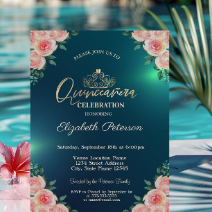 Elegant Gold Tiara Floral Roses Quinceañera Invitation