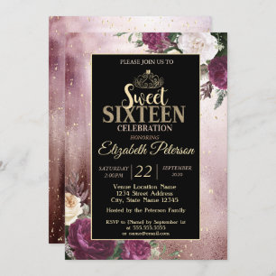 Elegant Gold Tiara,Frame Burgundy Sweet 16 Party Invitation