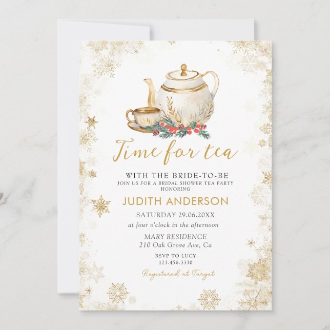 Elegant Gold Time For Tea Christmas Bridal Shower Invitation (Front)