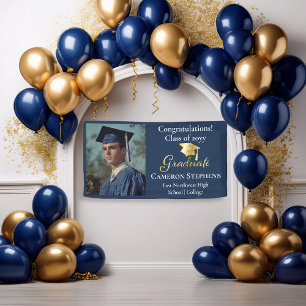Elegant Gold Tone on Blue Graduate Photo Banner