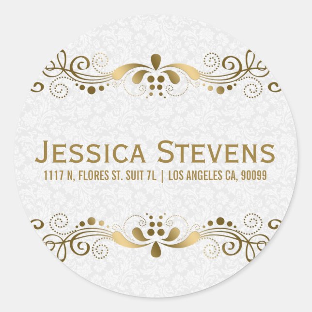 Elegant Gold Tones Floral Lace With White Damasks Classic Round Sticker (Front)