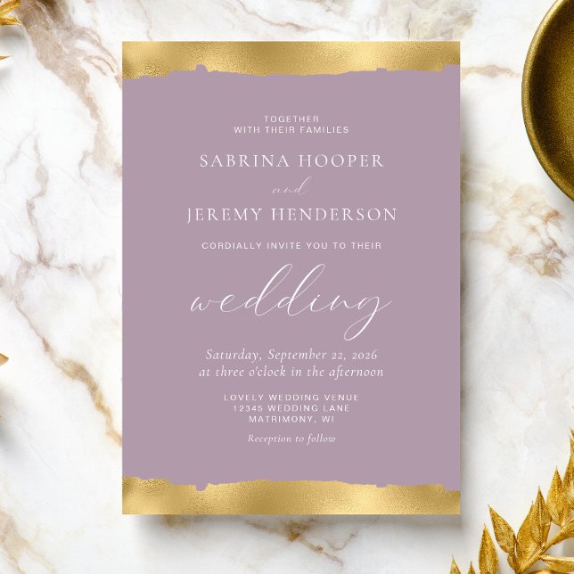Elegant Gold Torn Edge Dusty Lavender Wedding Invitation (Creator Uploaded)