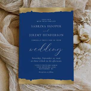 Elegant Gold Torn Edge Indigo Blue Wedding Invitation