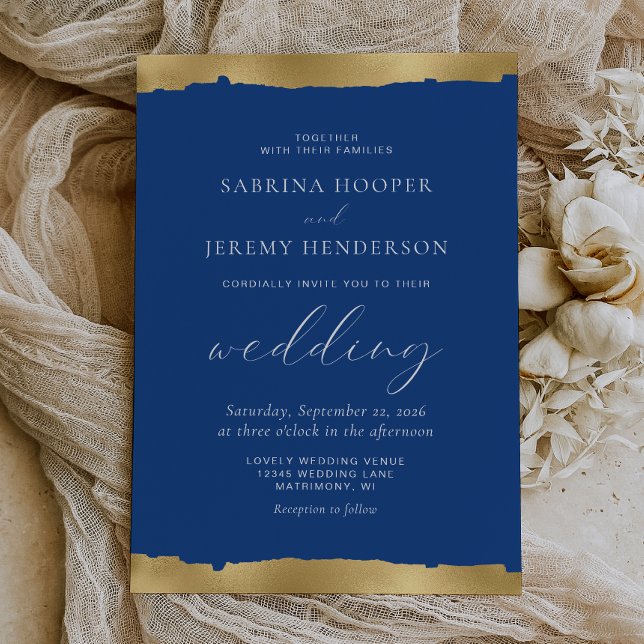 Elegant Gold Torn Edge Indigo Blue Wedding Invitation (Creator Uploaded)
