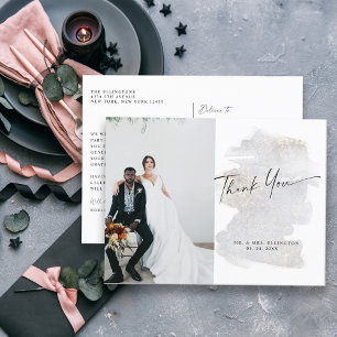 Elegant Gold-Touched Silver-Grey Wedding Thank You Postcard