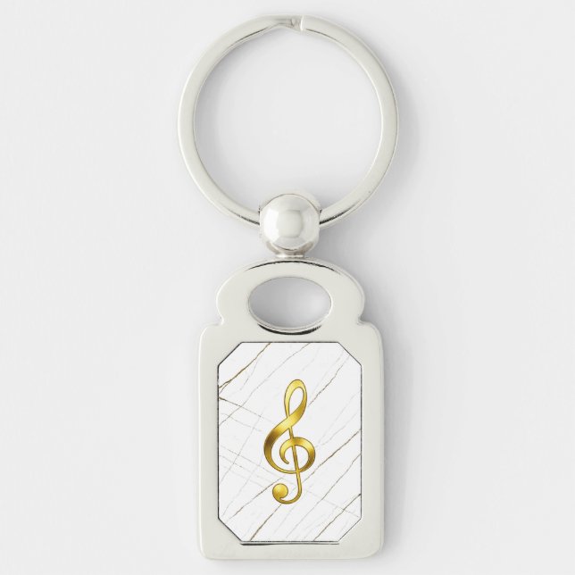 Elegant Gold Treble Clef on Black Marble Key Ring (Front)