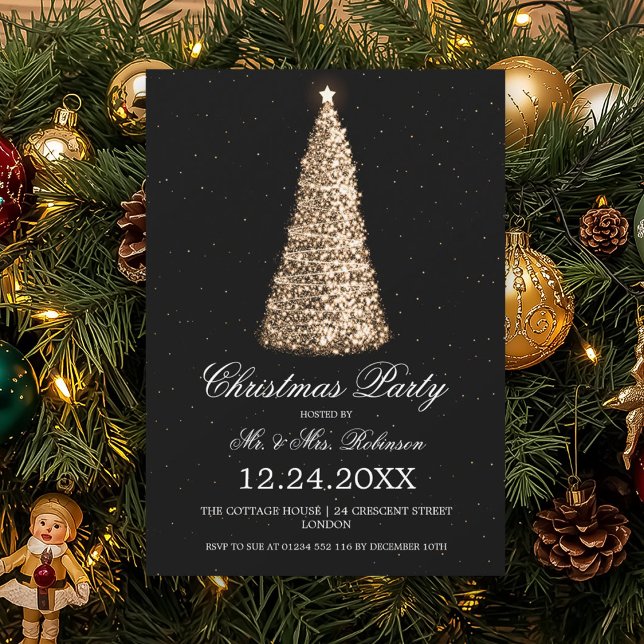 Elegant Gold Tree Christmas Party Black Invitation (Elegant Gold Tree Christmas Party Black Invitation)