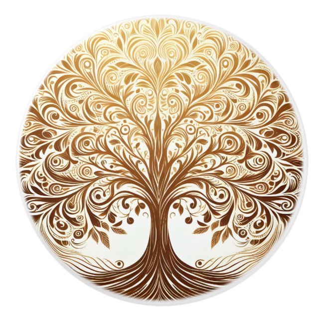 Elegant Gold Tree of Life Spiritual Zen Ceramic Knob (Front)