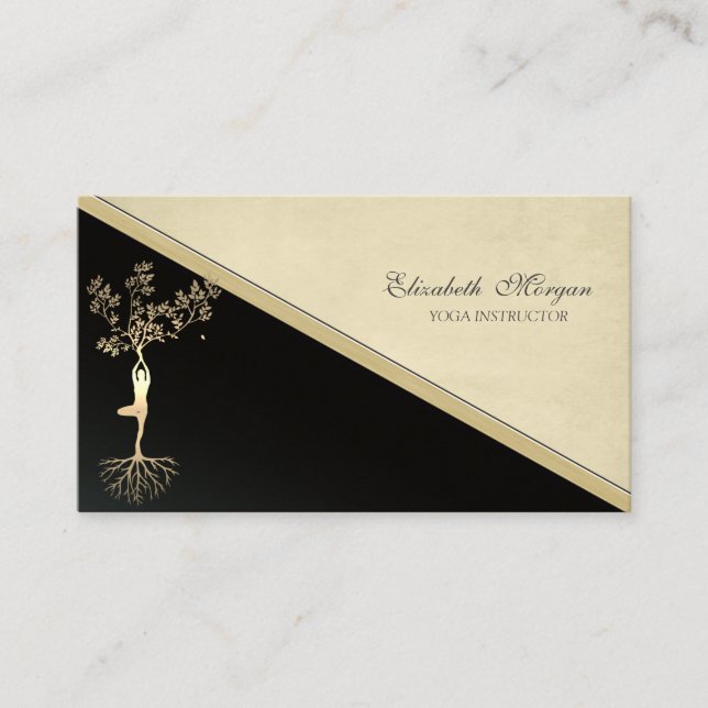 Elegant Gold Tree Silhouette, Yoga Business Card (Front)
