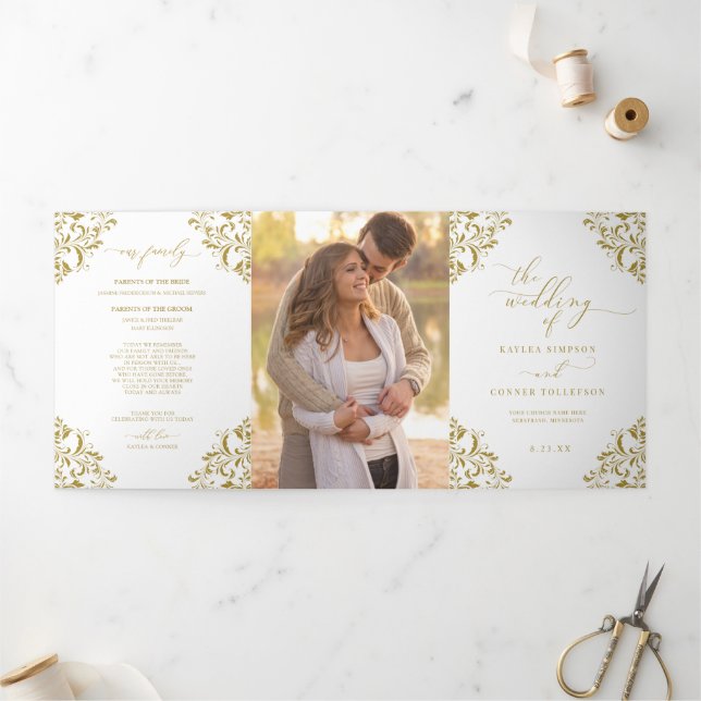 Elegant Gold Tri-fold Wedding Program Booklet Programme (Outside)