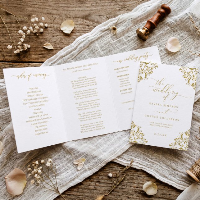 Elegant Gold Tri-fold Wedding Program Booklet Programme (Elegant tri-fold wedding programs in vintage gold)