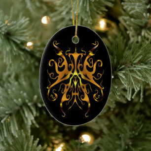 Elegant Gold Tribal Mask Abstract Design Ceramic Ornament
