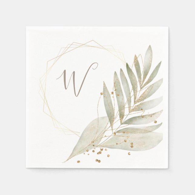 Elegant Gold Trim and Greenery & Custom Monogram Napkin (Front)