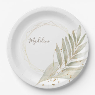 Elegant Gold Trim and Greenery with Custom Name Paper Plate