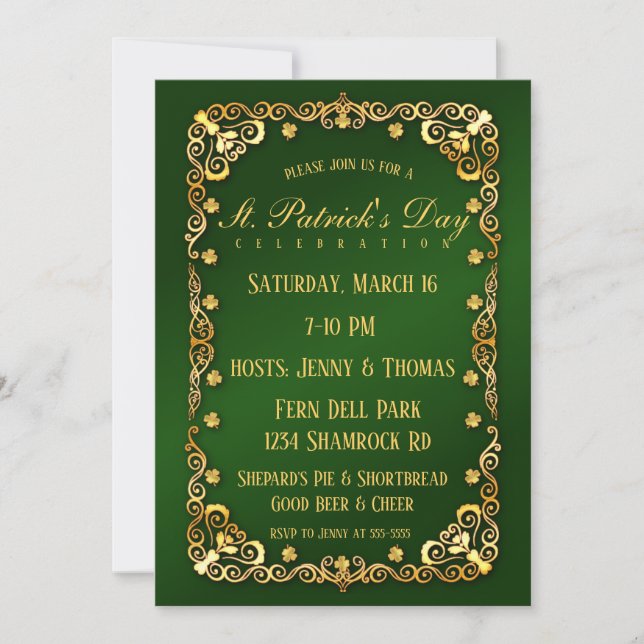 Elegant Gold Trim and Shamrock St. Patrick's Day Invitation (Front)