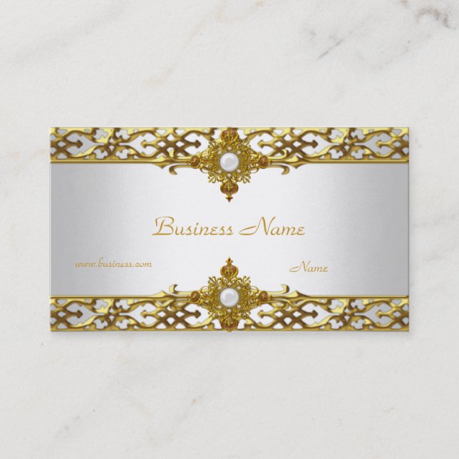 Elegant Gold Trim Pearl Jewel Business Card (Front)