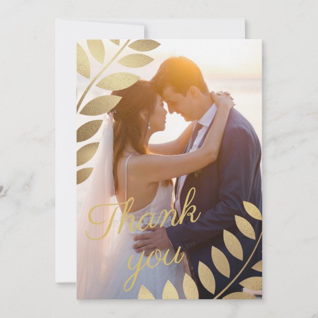 Elegant Gold Tropical Leaves Photo Wedding Thank You Card (Front)