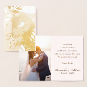 Elegant Gold Tropical Leaves Wedding Thank Y Photo Foil Card