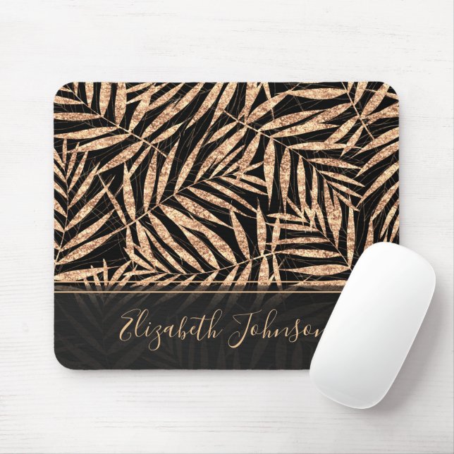 Elegant Gold Tropical Palm Leaves Black Design Mouse Pad (With Mouse)