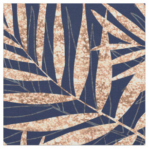Elegant Gold Tropical Palm Leaves Blue Design Fabric