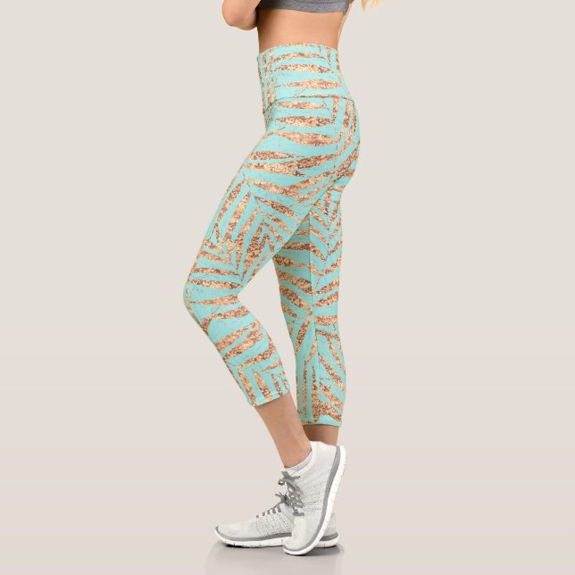 Elegant Gold Tropical Palm Leaves Mint Design Capri Leggings (Left)