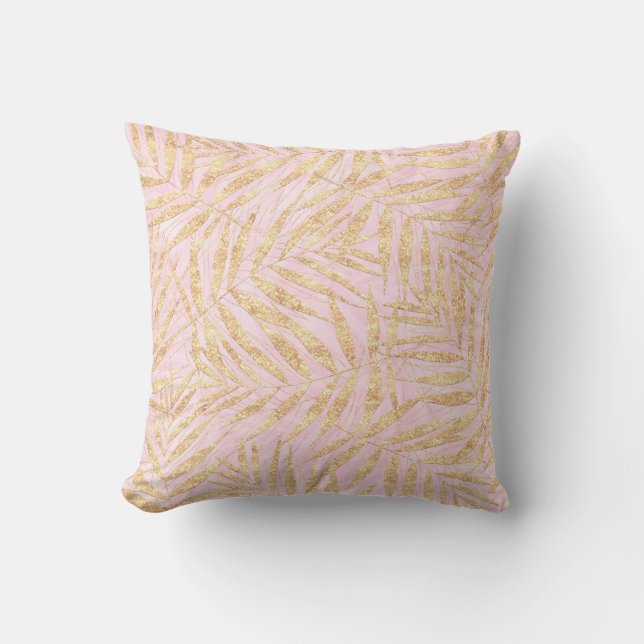 Elegant Gold Tropical Palm Leaves Pink Design Cushion (Front)