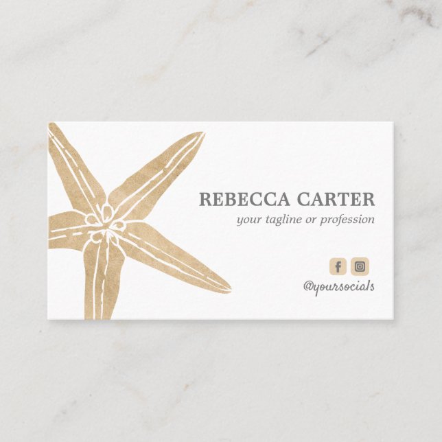 Elegant Gold Tropical Starfish Beach Coastal Business Card (Front)
