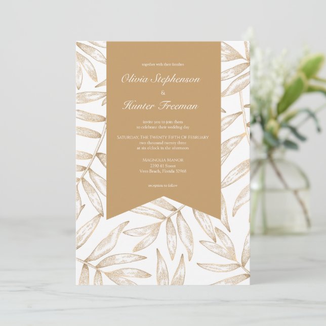 Elegant Gold Tropical Wedding Invitation (Standing Front)