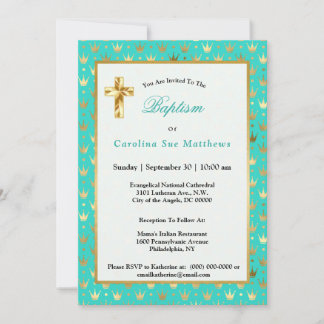 Elegant Gold Turquoise Crown Baptism Invitation