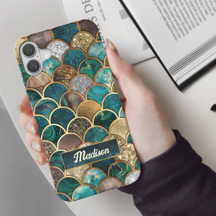 Elegant gold turquoise green girly mermaid scales iPhone 16 case