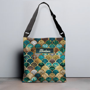 Elegant gold turquoise green girly mermaid scales crossbody bag