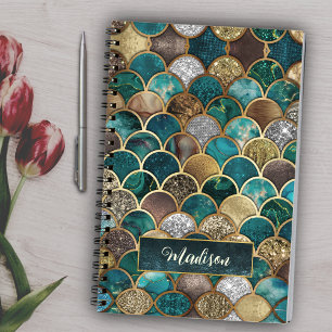 Elegant gold turquoise green girly mermaid scales notebook