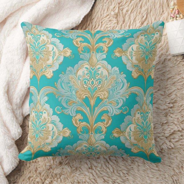 Elegant Gold, Turquoise, Teal, Cream, Throw Pillow (Blanket)