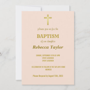 Elegant Gold Typography Cross Baptism on Vanilla Invitation