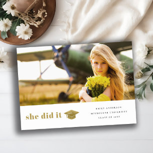 Elegant Gold Typography Graduation Cap Photo Announcement