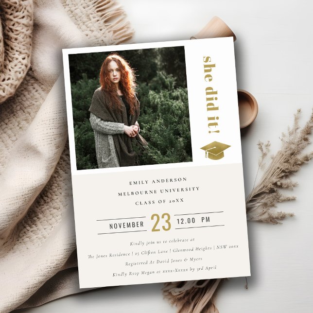 Elegant Gold Typography Graduation Cap Photo Invitation (Creator Uploaded)