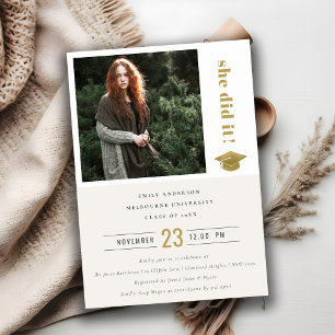 Elegant Gold Typography Graduation Cap Photo Invitation