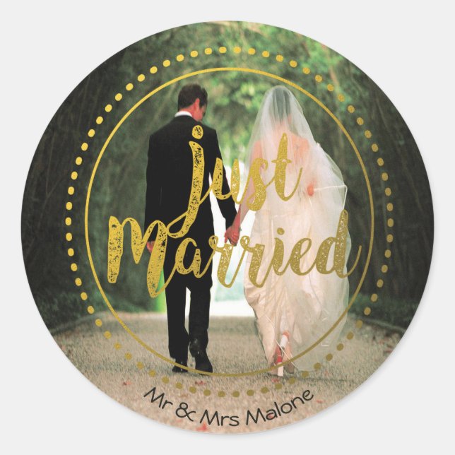 Elegant Gold Typography | Just Married Photo Classic Round Sticker (Front)